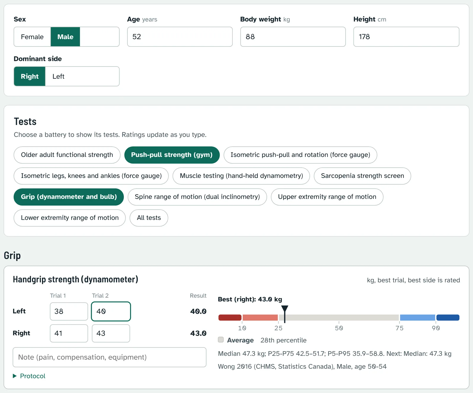 Quick calculator with person details and a handgrip test rated live