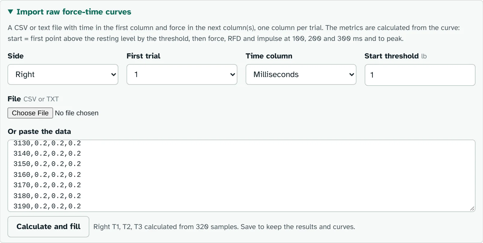 Import raw force-time curves panel with side, first trial, time column, start threshold and the pasted data
