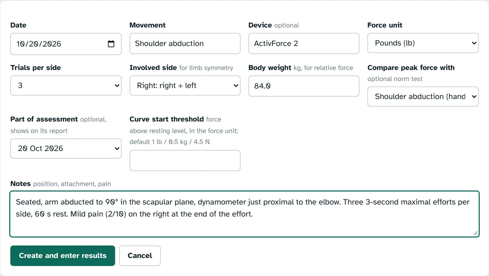 New force-time test form: date, movement, device, force unit, trials per side, involved side, body weight, norm comparison, link to an assessment, curve start threshold and notes