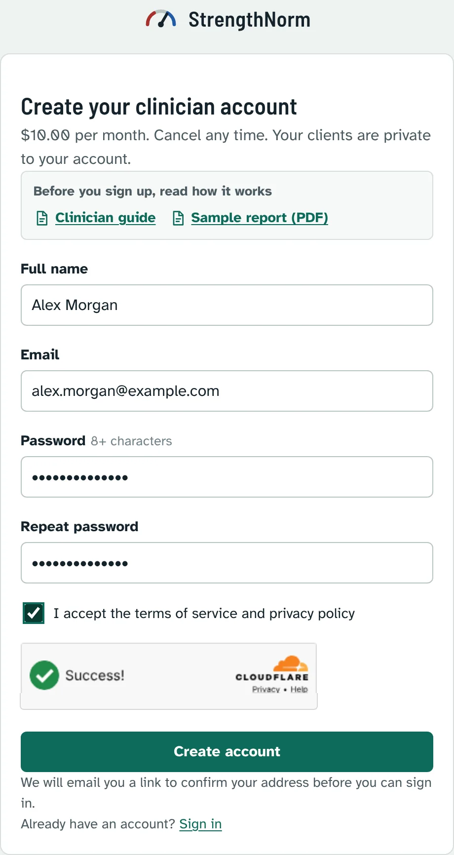 The sign-up form filled in: full name, email, password twice, the terms ticked and the security check showing Success