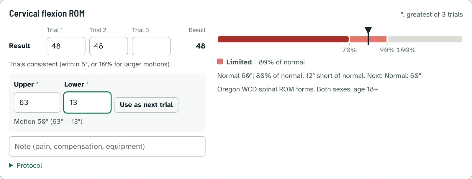 Lumbar flexion entry with three trials, the dual inclinometer helper and the live rating as percent of normal