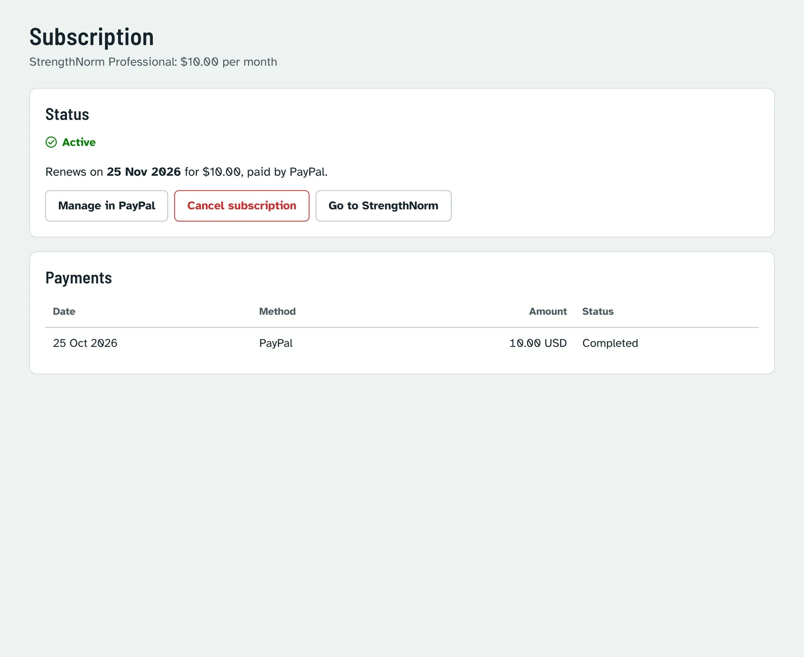 Subscription page showing the status Active, the renewal date, buttons to manage or cancel, and a payment in the Payments list